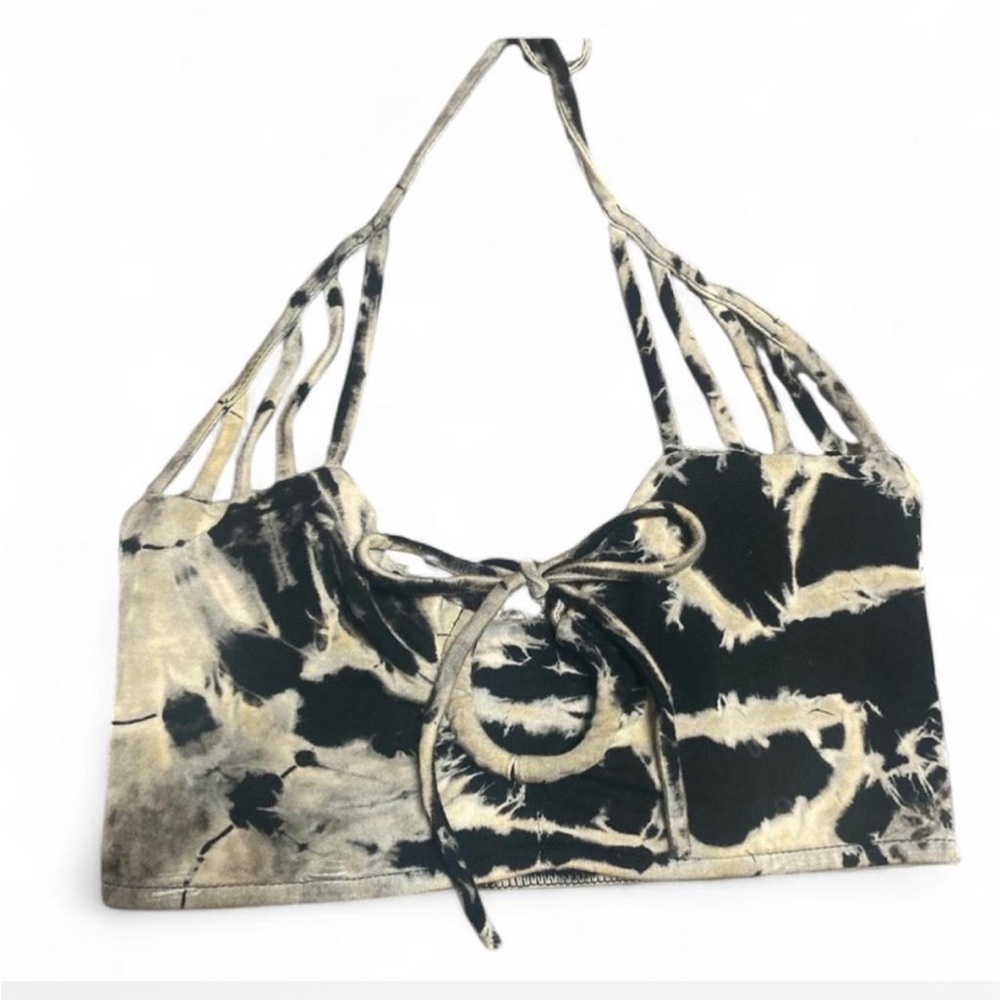 Edgy Black beige white tie dye rave festival halter top